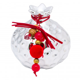 Χριστουγεννιάτικο Γούρι Ρόδι Κεραμικό Ασημί Κόκκινες Μπάλες 9cm