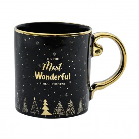 Χριστουγεννιάτικη Κούπα New Bone Μαύρη με Χρυσό Χερούλι &amp Χείλος Δέντρα Νιφάδες 355ml