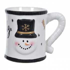 Χριστουγεννιάτικη Κούπα 3D Κεραμική Λευκή Χιονάνθρωπος με Μαύρο Καπέλο &quotHoly Night&quot 350ml