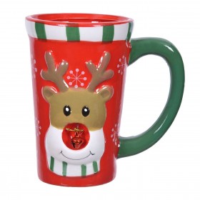 Χριστουγεννιάτικη Κούπα Κεραμική Κόκκινη Πράσινο Χερούλι Ανάγλυφο Σχέδιο Τάρανδος Κουδουνάκι 450ml
