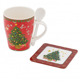 Σετ Χριστουγεννιάτικη Κούπα New Bone Δέντρο με Κουταλάκι &amp Σουβέρ 300ml - 3 τμχ.