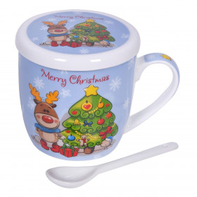 Σετ Χριστουγεννιάτικη Κούπα με Καπάκι &amp Κουταλάκι Τάρανδος Δέντρο &quotMerry Christmas&quot - 3 τμx.