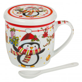 Σετ Χριστουγεννιάτικη Κούπα Πορσελάνη Καπάκι Κουταλάκι Πιγκουίνος 350ml - 3τμχ.