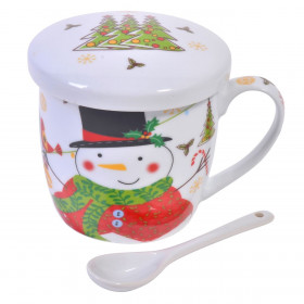 Σετ Χριστουγεννιάτικη Κούπα Πορσελάνη με Καπάκι Κουταλάκι Χιονάνθρωπος 350ml - 3τμχ.