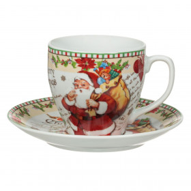 Σετ Χριστουγεννιάτικο Φλιτζάνι Πορσελάνη Άγιος Βασίλης Vintage με Δώρα &amp Πιατάκι 220ml