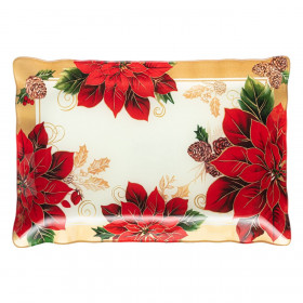 Χριστουγεννιάτικη Πιατέλα Γυάλινη Εκρού Αλεξανδρινά Γκι 31x21cm