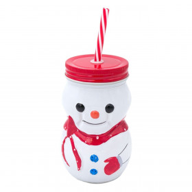 Χριστουγεννιάτικο Ποτήρι Γυάλινο με Καλαμάκι Χιονάνθρωπος 450ml