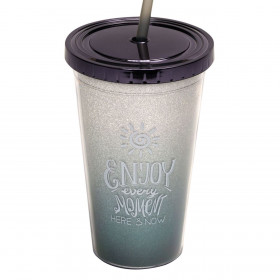 Ποτήρι Πλαστικό Με Καλαμάκι Μαύρο Ασημί Glitter 500 ml.