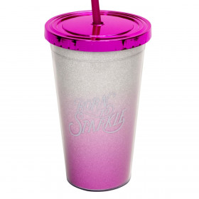 Ποτήρι Πλαστικό Με Καλαμάκι Φούξια Ασημί Glitter 500 ml.