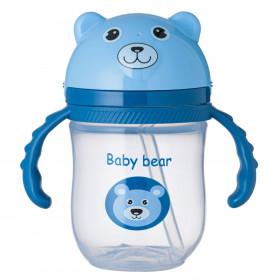 Εκπαιδευτικό Ποτήρι με Καλαμάκι και Χερούλια Μπλε Αρκουδάκι Honey Baby - 235 ml