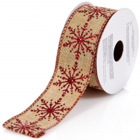 Xριστουγεννιάτικη Διακοσμητική Κορδέλα Δέντρου Μπεζ Κόκκινη Χιονονιφάδα - 5 m x 38 mm