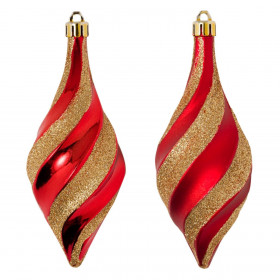 Σετ Χριστουγεννιάτικα Στολίδια Vintage Κώνοι Κόκκινοι Χρυσή Glitter Ρίγα 14 cm - 3 τμχ.