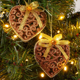 Σετ Χριστουγεννιάτικα Στολίδια Καρδιές Μπρονζέ Διάτρητες Glitter Φιόγκος 7 cm - 6 τμχ.