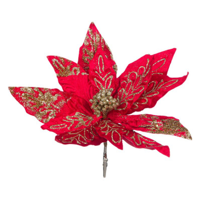 Χριστουγεννιάτικο Λουλούδι Κλιπ Αλεξανδρινό Κόκκινο Χρυσό Glitter 25 cm