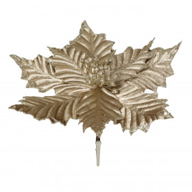 Χριστουγεννιάτικο Λουλούδι Αλεξανδρινό με Κλιπ Χρυσό Βελουτέ Σαμπανί Glitter 25cm