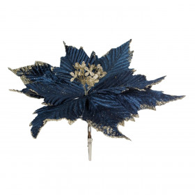 Χριστουγεννιάτικο Λουλούδι Αλεξανδρινό με Κλιπ Μπλε Βελουτέ  Σαμπανί Glitter 28cm