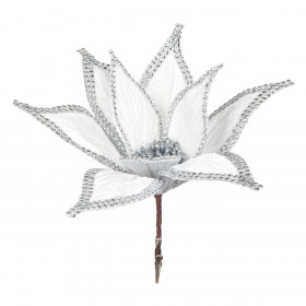 Χριστουγεννιάτικο Λουλούδι Κλιπ Αλεξανδρινό Λευκό Ασημί Τρέσσα Βελούδo Στρας 24 cm