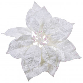 Χριστουγεννιάτικο Λουλούδι Κλιπ Αλεξανδρινό Λευκό Βελουτέ Glitter 25 cm