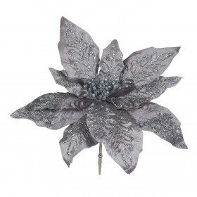 Χριστουγεννιάτικο Λουλούδι Κλιπ Αλεξανδρινό Γκρι Ασημί Glitter 25 cm