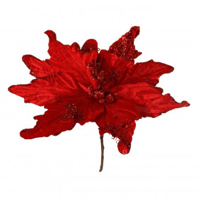 Χριστουγεννιάτικο Διακοσμητικό Λουλούδι Αλεξανδρινό Κόκκινο Βελουτέ Glitter Πούλιες 30cm