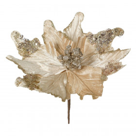 Χριστουγεννιάτικο Διακοσμητικό Λουλούδι Αλεξανδρινό Εκρού Βελουτέ Χρυσό Glitter Πούλιες 30cm