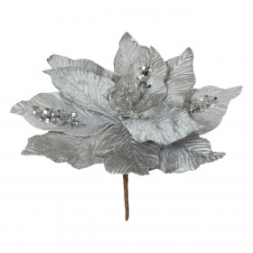 Χριστουγεννιάτικο Διακοσμητικό Λουλούδι Αλεξανδρινό Γκρι Βελουτέ Ασημί Glitter Πούλιες 26cm