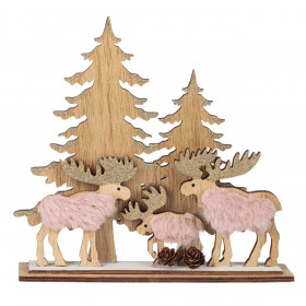 Χριστουγεννιάτικη Διακοσμητική Ξύλινη Πινακίδα Δέντρα Τάρανδοι Ροζ Γούνα Σαμπανί Glitter 19.5cm