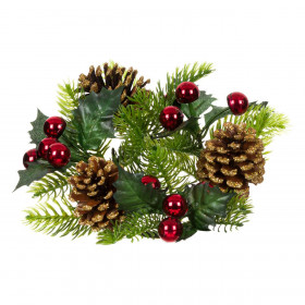 Χριστουγεννιάτικο Διακοσμητικό Δαχτυλίδι Κεριού Πράσινο Έλατο Χρυσά Κουκουνάρια Κόκκινα Berries 23cm