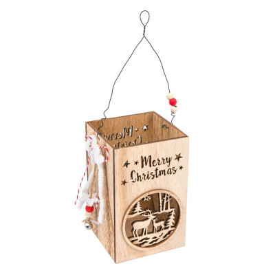 Χριστουγεννιάτικο Ξύλινο Διακοσμητικό Φανάρι Ρεσώ με Διάτρητα Σχέδια 10.5x10.5x17cm
