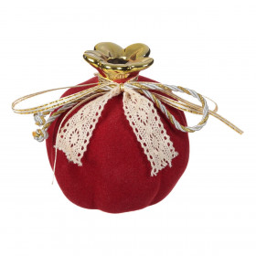 Χριστουγεννιάτικο Διακοσμητικό Γούρι Ρόδι Κεραμικό Κόκκινο Βελουτέ Μπεζ Κορδέλα 9cm