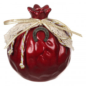 Χριστουγεννιάτικο Διακοσμητικό Γούρι Ρόδι Κεραμικό Κόκκινο Μπεζ Κορδέλα &amp Πέταλο 11.5cm