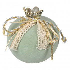 Χριστουγεννιάτικο Διακοσμητικό Γούρι Ρόδι Κεραμικό Πράσινο Παλ Βελουτέ Μπεζ Κορδέλα 9cm