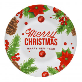 Χριστουγεννιάτικο Πιάτο Φαγητού Γυάλινο Αλεξανδρινά  &quotMerry Christmas &amp Happy New Year&quot  27cm