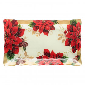 Χριστουγεννιάτικη Πιατέλα Γυάλινη Εκρού Αλεξανδρινά Γκι 25x15cm