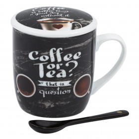Κούπα Πορσελάνη Coffee or Tea? με Καπάκι &amp Κουταλάκι 355 ml