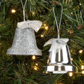 Σετ Χριστουγεννιάτικα Στολίδια Καμπάνες Ασημί Γυαλιστερές Glitter 6 cm - 4 τμχ.