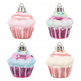 Σετ Χριστουγεννιάτικα Στολίδια Cupcake Μωβ Ροζ Glitter 5.5 cm - 4 τμχ.