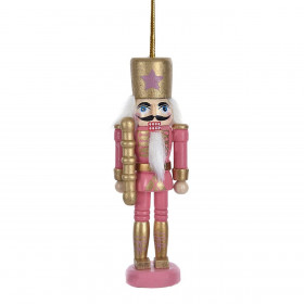 Χριστουγεννιάτικο Κρεμαστό Ξύλινος Στρατιώτης Ροζ Χρυσή Στολή με Καπέλο 13cm