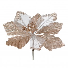 Χριστουγεννιάτικο Λουλούδι Αλεξανδρινό με Κλιπ Ροζ Χρυσό Glitter 24cm