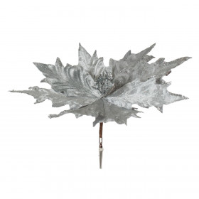 Χριστουγεννιάτικο Λουλούδι Αλεξανδρινό με Κλιπ Ασημί Βελουτέ Ανάγλυφο Glitter 30cm