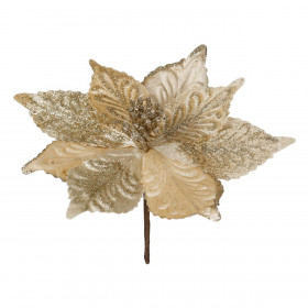 Χριστουγεννιάτικο Διακοσμητικό Λουλούδι Αλεξανδρινό Μπεζ Βελουτέ Χρυσό Glitter 26cm
