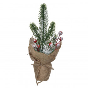 Χριστουγεννιάτικο Διακοσμητικό Γλαστράκι με Γιούτα Πράσινα Χιονισμένα Κλαδιά με Κόκκινα Berries 27cm