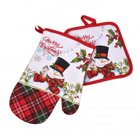 Χριστουγεννιάτικο Σετ Γάντι Πιάστρα Λευκό Κόκκινο Καρό Χιονάνθρωπος &quotMerry Christmas&quot - 2 τμχ.