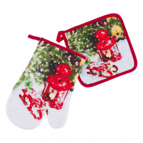 Χριστουγεννιάτικο Σετ Γάντι Πιάστρα Λευκό Κόκκινο Φαναράκι Έλκηθρο - 2 τμχ.