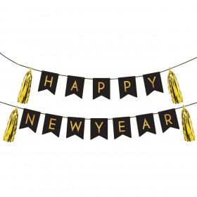 Χριστουγεννιάτικα Σημαιάκια &quotHappy New Year&quot Μαύρα Χρυσές Φούντες 4.54 m