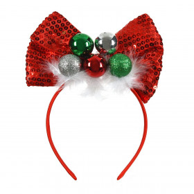 Χριστουγεννιάτικη Στέκα Μαλλιών Κόκκινος Φιόγκος με Παγιέτες Μπάλες &amp Πούπουλα