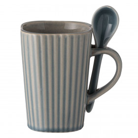 Κούπα Κεραμική Τετράγωνη Πετρόλ Ανάγλυφα Αυλάκια με Κουταλάκι 385 ml