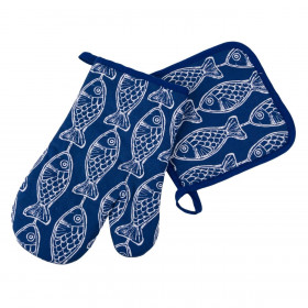 Γάντι & Πιάστρα Βαμβακερό Μπλε Λευκά Ψάρια - 2 τμχ. Γάντι & Πιάστρα Βαμβακερό Μπλε Λευκά Ψάρια - 2 τμχ.