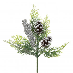 Χριστουγεννιάτικο Διακοσμητικό Κλαδί Έλατο Λευκά Κουκουνάρια Ασημί Berries 36 cm