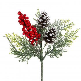 Χριστουγεννιάτικο Διακοσμητικό Κλαδί Έλατο Λευκά Κουκουνάρια Κόκκινα Berries 36 cm